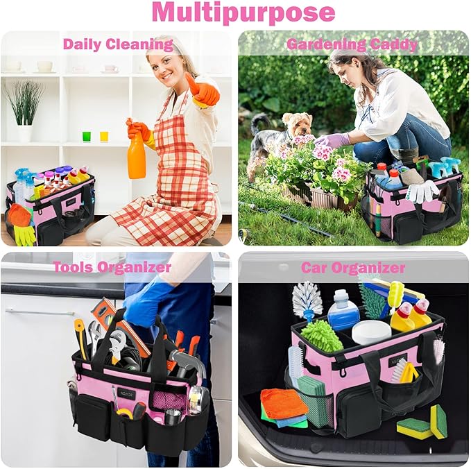 Wearable Cleaning Caddy Bag,Cleaning Supply Tote for Cleaning Supplies, Cleaning Organizer with Adjustable Shoulder and Waist Straps for Cleaners & Housekeepers (Large, Pink)