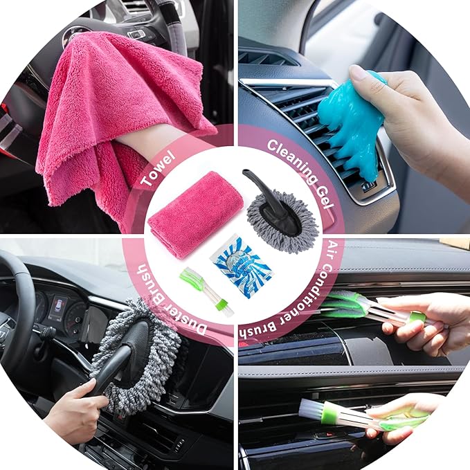 AUTODECO 20Pcs Car Cleaning Wash Kit Interior Detailing Cleaner Kit with High Power Handheld Vacuum, Brush Set, Windshield Tool, Duster, Towels, Complete Car Care Tools, Pink
