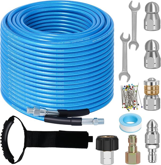 150 FT Sewer Jetter Kit for Pressure Washer, 5800PSI Water Jet Drain Cleaner Hose, 1/4 Inch NPT Corner with 4 Sewer Jetting Nozzles, Pearl Corsage Pin, Waterproof Tape, Handle Strap&2 Spanner (Blue)