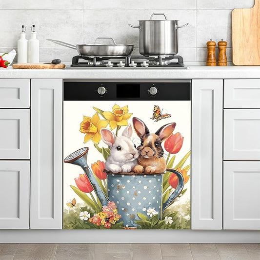 NYZE Easter Dishwasher Magnets Cover, Dishwasher Magnetic Sticker Decorative, Reusable Dish Washer Cover for Dishwashers (Watering Can Bunnies)