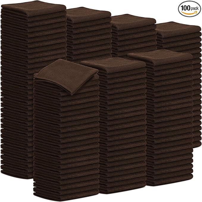Tenare 100 Pack 12'' x 12'' Microfiber Cleaning Cloths Reusable Cleaning Rags Bulk Microfiber Towels Softer Highly Absorbent Washcloths for House Kitchen Car Window(Brown)