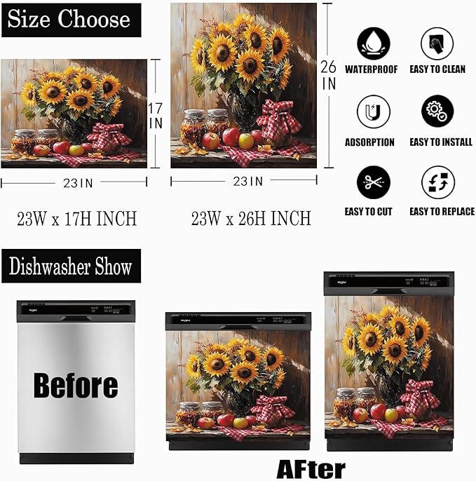 Sunflower Apples Magnet Dishwasher Cover Decorative Farmhouse Kitchen Vintage Dishwasher Covers for The Front Dishwasher Door Magnet 23" x 17" Magnetic