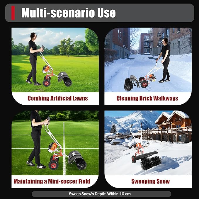 52CC Walk Behind Power Sweeper Broom, 2 Stroke 2.5HP Snow Sweeper with 20-Inch Brush, Single Cylinder Air Cooling Fuel Engine Snowplow Broom, Outdoor Lawn Sweeper Cleaner Tools