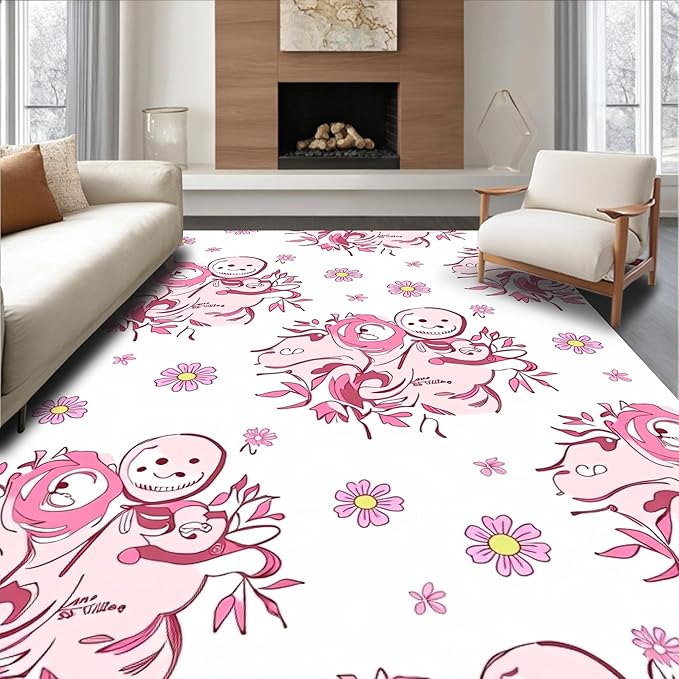 Flatwoven High Traffic Area Rug 4x6, Vintage Snowman Holiday Shower Curtain with Bath Toilet Cover, Non Slip, Stain Resistant, Washable Area Rugs for Living Room, Bedroom (Pink, 4x6, Pad)