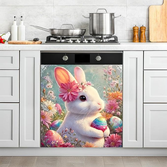 NYZE Easter Dishwasher Magnetic Cover, Bunny Eggs Dish Washer Magnet Cover Panel Waterproof Oil Proof Decorative Sticker for Dishwasher Refrigerator(Bunny with Flower)