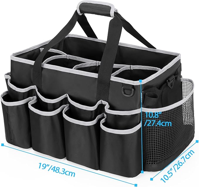 Extra-Large Wearable Cleaning Caddy, Organizer Bag for Products, Housekeeper Tote With Pad, Handle & Divider, Car Wash Tools Bag for Detailing Supplies, Gray Edge