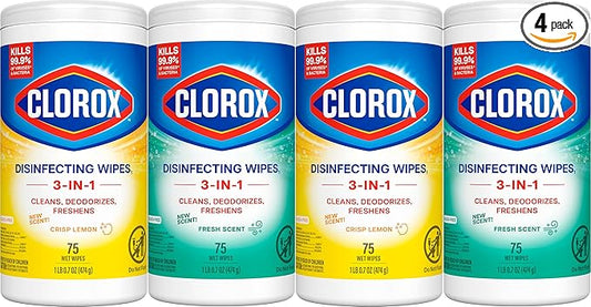 Clorox Disinfecting Cleaning Wipes for Spring Cleaning & Allergy Season, Bleach Free, Fresh Scent and Crisp Lemon, 75 Count Each, Pack of 4