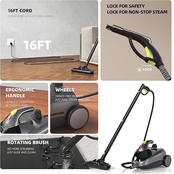 Heavy-Duty Steam Cleaner - 1500W Multipurpose Handheld Floor Steamer with 22 Accessories 16ft Cord for Home, Car Detailing, Tile, Grout, Carpet, Wallpaper, Upholstery, Window, Deep Cleaning