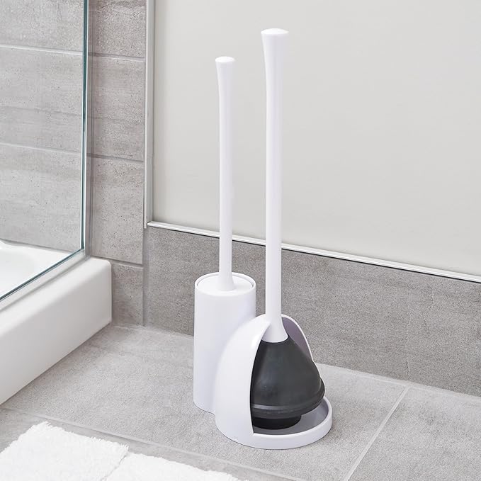 iDesign Una Plastic Toilet Bowl Brush and Plunger Combo Set for Bathroom Cleaning and Storage, White