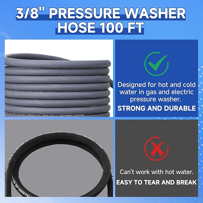 RIDGE WASHER Pressure Washer Hose 100 Feet X 3/8 Inch for Hot and Cold Water, Non Marking Gray Power Washer Hose, M22 14 mm to 3/8 Inch Quick Connect, 4000 PSI