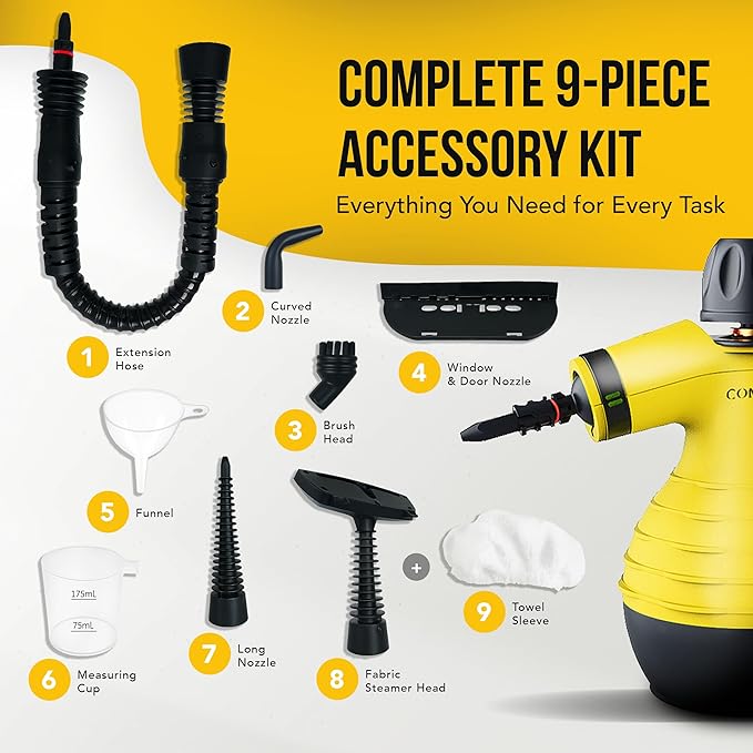 Comforday Multi-Purpose Handheld Pressurized Steam Cleaner with 9-Piece Accessories, Perfect for Stain Removal, Curtains, Car Seats, Floor, Carpet, Window Cleaning