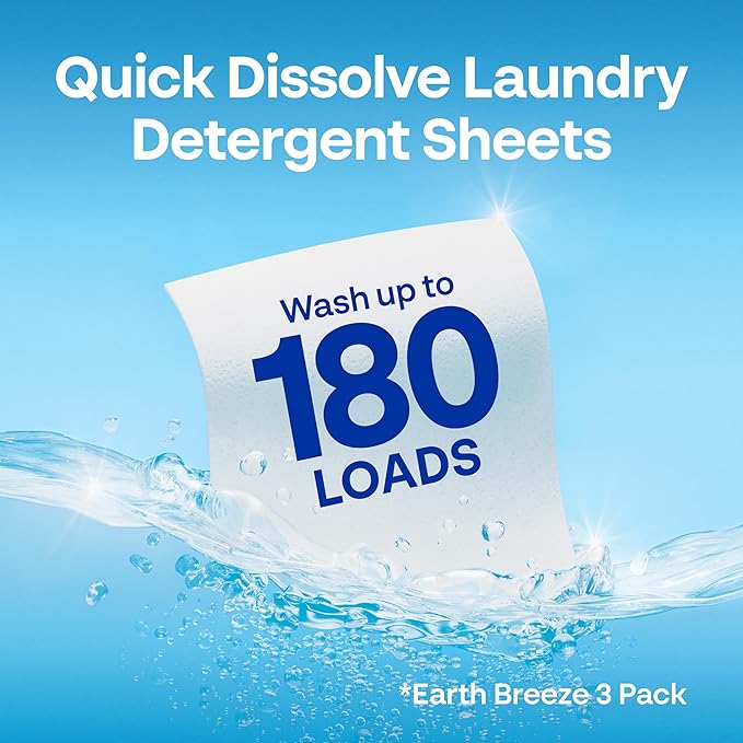Earth Breeze Laundry Detergent Sheets Fragrance-Free - 180 Loads Eco Liquidless Soap - Travel-Friendly for Hot & Cold Cycles, Tackles Tough Stains & Odors - Gentle on Sensitive Skin, 90 Ct (3 Pack)