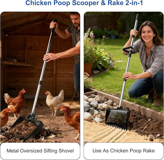 Large 12-Inch 2-in-1 Chicken Poop Scooper & Rake with Handle, Heavy-Duty Metal Chicken Coop Scoop for Sand(35-68"), Chicken Coop Rake Cleaning Tools, Sifting Shovel Goat, Chicken Cleaning Tools