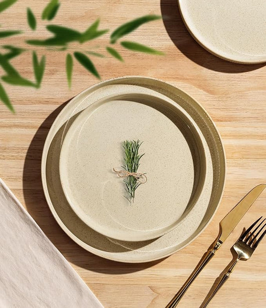 TheTerra Ceramic Dinnerware Sets with Pasta Bowls for 4, 16 Pieces Porcelain Lightweight Speckled Plates and Bowls Sets, Scratch Resistant Dish Set, Oven & Microwave & Dishwasher Safe, Cappuccino