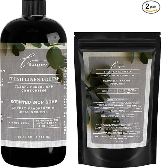 Lapew Fresh Linen Breeze Scented Cleaning Bundle | Carpet Deodorizer Powder (16 oz) & Mop Soap Concentrate (36 oz) | Pet-Friendly Odor Eliminator