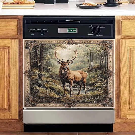 Kitchen Decor Deer Dishwasher Magnet Cover Decal, Vintage Forest Elk Magnetic Dishwasher Covers Decorative, Animal Dishwasher Skin (Magnetic) 23" W x 17" H