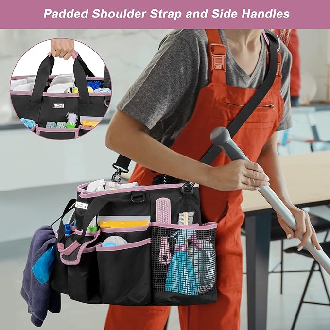 LoDrid Cleaning Caddy Bag with Handle and Shoulder Strap, Cleaning Supplies Organizer for Cleaning Work with 3 Compartments and Multifunctional Pockets, Black with Pink Edge