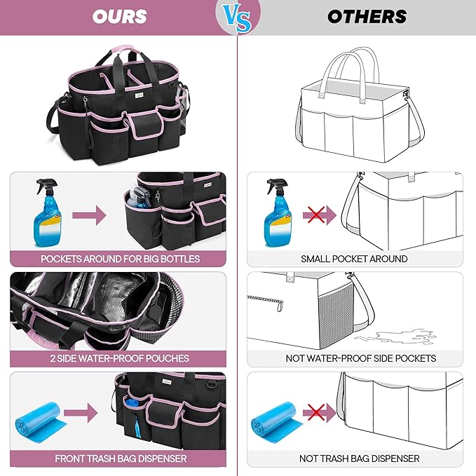 LoDrid Cleaning Caddy Bag with Handle and Shoulder Strap, Cleaning Supplies Organizer for Cleaning Work with 3 Compartments and Multifunctional Pockets, Black with Pink Edge