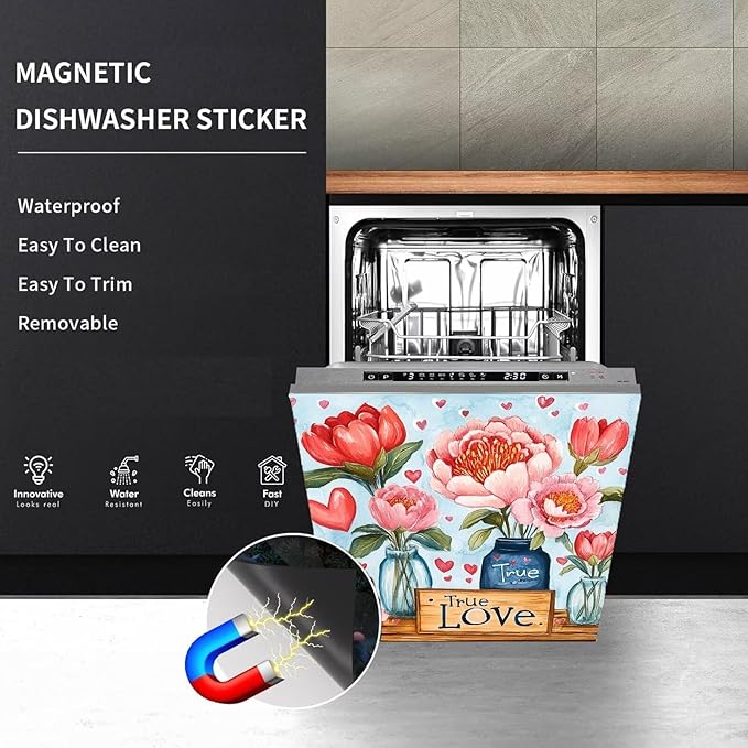 Blooming Pink Flowers Magnet Dishwasher Cover Vinyl Decal for Dishwasher Valentine's Day Flowers Refrigerator Magnet Cover Love Hearts Kitchen Panel Decal Sticker, 23x26 inch Magnetic