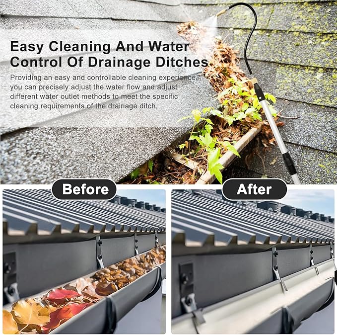 Gutter Cleaning Tool, 64.9" Gutter Cleaner Tools from the Ground, Bendable Roofing Gutter Tool with 4 Splice Rod, Easy to Fit Disassemble Long Reach Gutter Cleaning Wand Rain Gutter Cleaning Pole