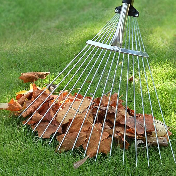 Adjustable Collapsible Garden Leaf Rake Aluminum Alloy Lawn Yard Rake for Leaf Cleaning Flower Bed and Outdoor Gardening (15 Teeth 81‑160cm Length 18.5‑55.5cm Width)