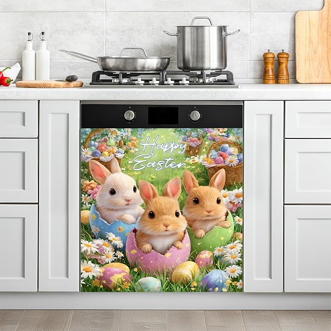 NYZE Easter Dishwasher Magnets Cover, Bunnies Eggs Dishwasher Magnetic Sticker Decorative, Reusable Dish Washer Cover for Dishwashers (Eggshell Bunnies)