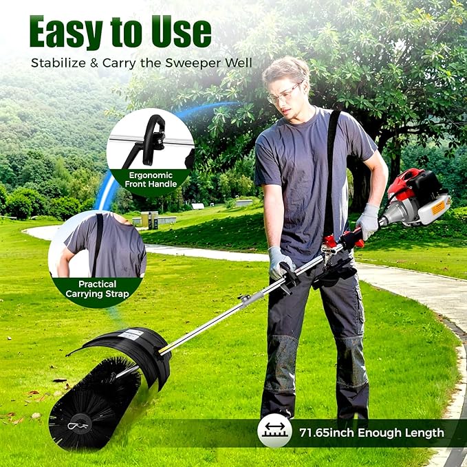 52CC Gas Power Lawns Sweeper, 2.3HP 2-Stroke Air Cooled Gasoline Sweeping Broom Machine, Lawn Cleaning Tools with Carrying Strap for Artificial Lawns Streets and Driveways