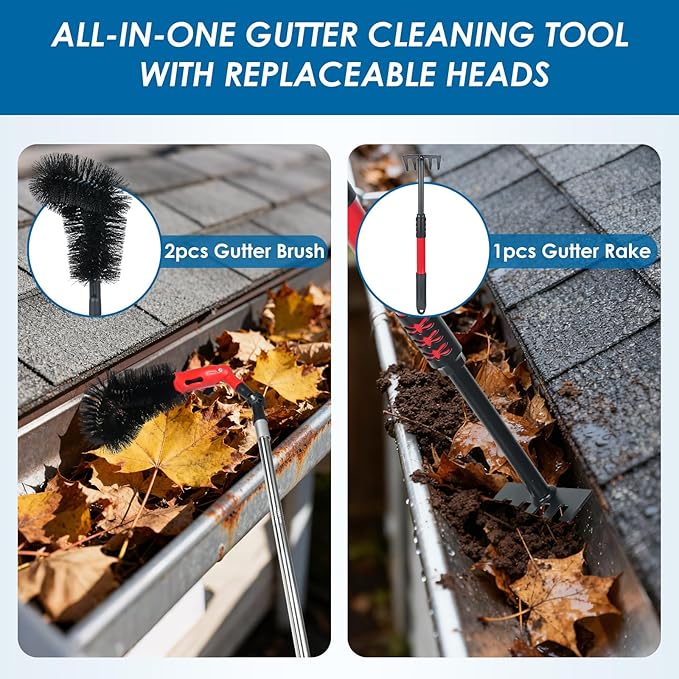 Gutter Cleaning Tools from The Ground, Adjustable Gutter Cleaning Pole with 180° Pivoting Head, Gutter Rake & 2 Gutter Brush, Gutter Cleaner Tool for Removing Leaves, Debris & Spider Webs (Black)