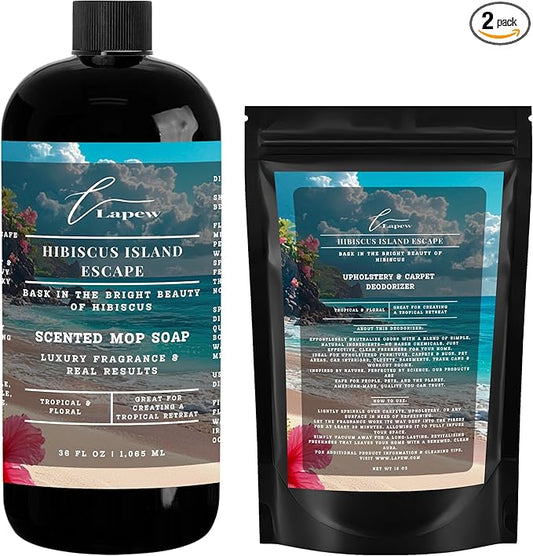 Lapew Hibiscus Island Escape Scented Cleaning Bundle | Carpet Deodorizer Powder (16 oz) & Mop Soap Concentrate (36 oz) | Pet-Friendly Odor Eliminator