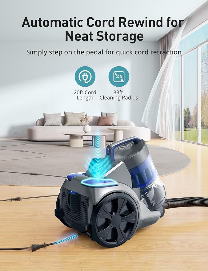 Aspiron 1700W Canister Vacuum Cleaner, 45Kpa Bagless Vacuum Cleaner, Multi-Cyclonic Filtration, 2 Anti-Allergen HEPA Filters, 3.5QT Dust Cup, 4 Tools, Corded Vacuum for Hard Floor, Pet Hair, Azure