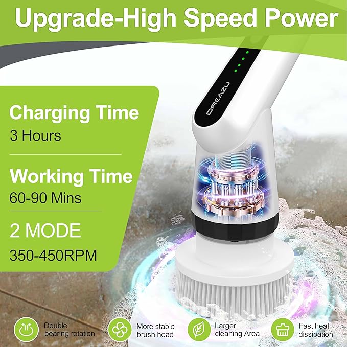 WKY-Electric Spin Scrubber - Upgraded 12-in-1 IPX7 Waterproof Shower Scrubber, Retractable Handle & 2-Speed for Toilet, Bathroom, Bathtub, Tile Floors