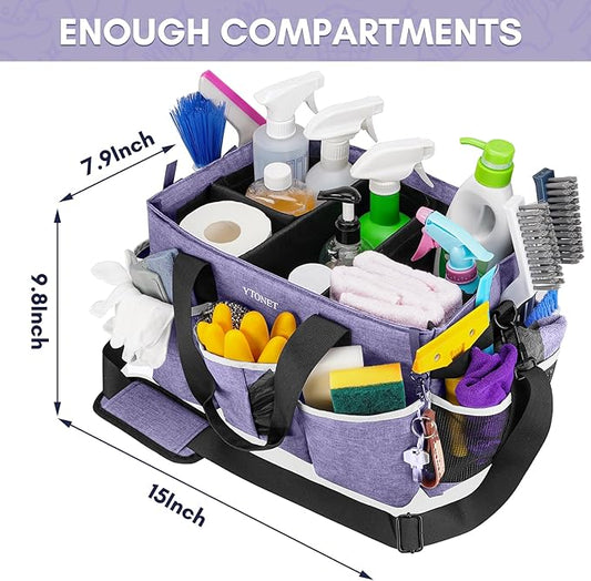 Ytonet Cleaning Caddy, Wearable Cleaning Supplies Organizer with 4 Foldable Dividers, Large Cleaning Caddy for Cleaning Supplies with Handle and Shoulder Straps, Cleaning Bags for Housekeepers, Purple
