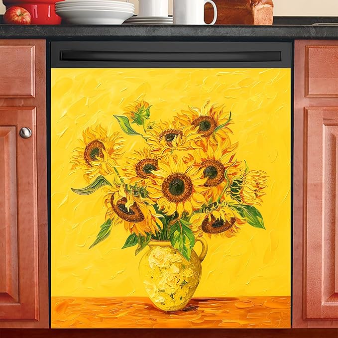 Dishwasher Magnet Cover 23x26 in Sunflower Vase Texture Artwork in Yellow and Green Dishwasher Cover for Kitchen Appliance Decoration Front Panel Sticker Rustic Art Skin Panel Home Decor