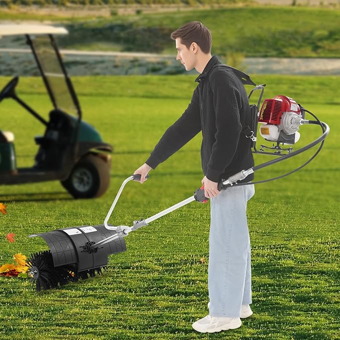 Backpack Gas Power Broom, 1700W 2 Stroke Gasoline Engine Power Snow Sweeping Broom Cleaner Tools Lawn Sweeper for Cleaning Driveway Turf Lawns Artificial Grass 2.3HP