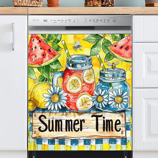 Summer Time Kitchen Decor Dishwasher Magnet Cover, Watermelon Lemonade Magnet Refrigerator Cover Panel Decal, Daisy Home Cabinet Sticker Bee Fridge Magnet Sticker 23" W x 26" H Magnetic