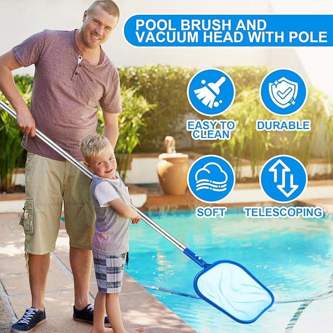 Tioncy 5 Pcs Jet Pool Vacuum Cleaning Kit with Skimmer Nets, Pool Brush and 47" Long Pole Adjustable for Above Ground Ponds Hot Tub Spa Wall Floor Cleaning, Easy to Set up