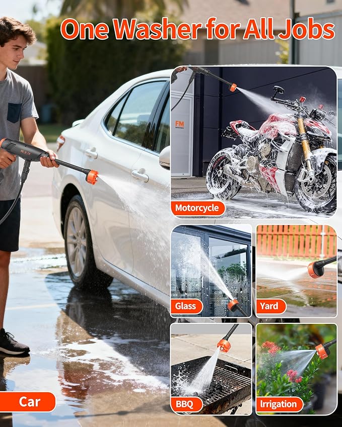 Handheld Battery Operated Washer, 1100 PSI Lightweight Mini Washer for Car, Home, Patio, Driveway and Garden Cleaning (EnduringOrange)
