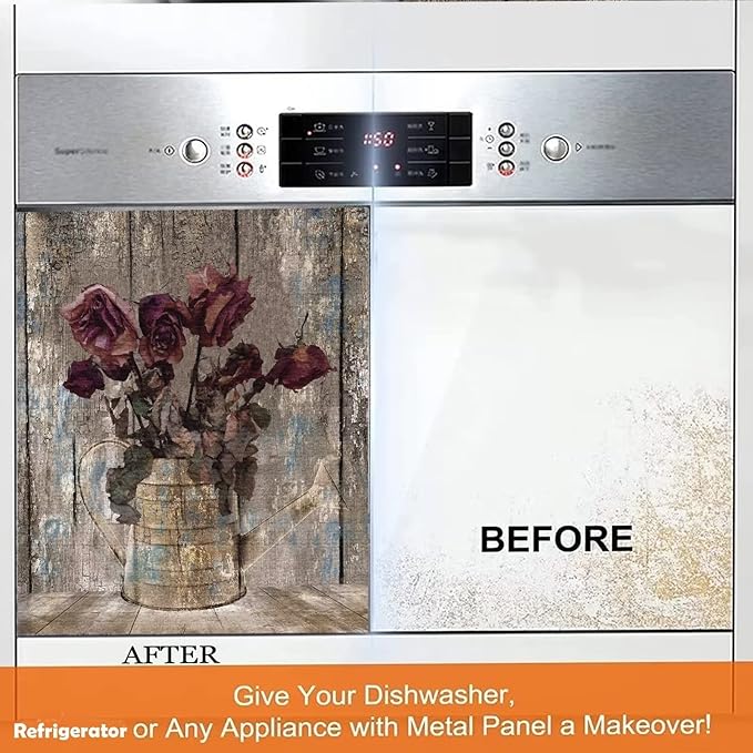 Retro Farm Wood Dishwasher Cover Door Decorative,Retro Rose Dishwasher Magnet Cover Front Sticker,Vintage Farm Floral Dishwasher Decal Home Appliance Panel Stickers 23"x17"