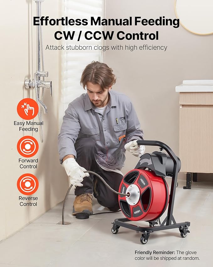 VEVOR Drain Cleaner Machine 50 FT x 1/2 Inch, Manual Feed Sewer Snake Auger on Wheels - with 4 Cutters & Air-activated Foot Switch for 2" to 6" Pipes