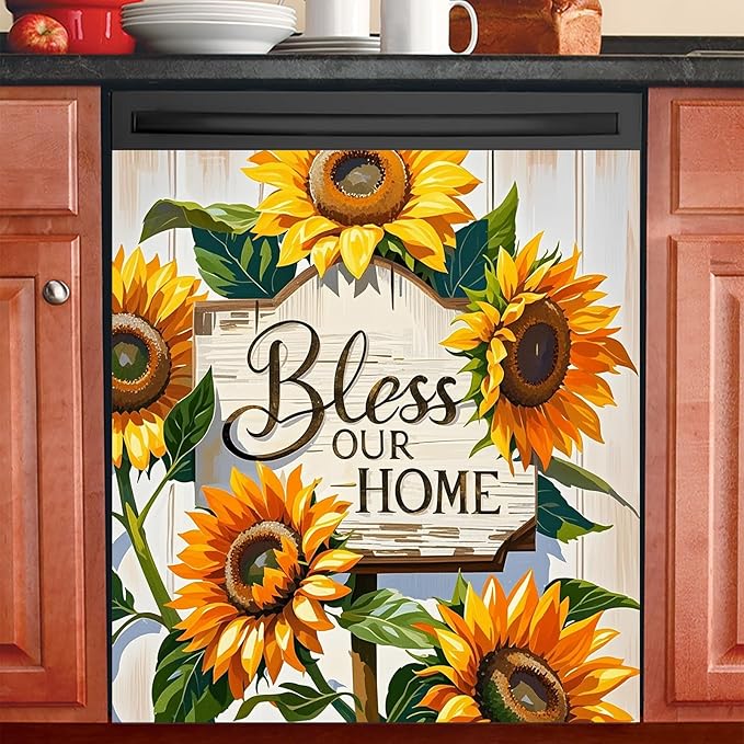 Dishwasher Magnet Cover 23x26 in Country Bless Our Home Sunflower Design on Wooden Board Dishwasher Cover for Kitchen Appliance Decoration Front Panel Sticker Rustic Panel Home Decor Decal