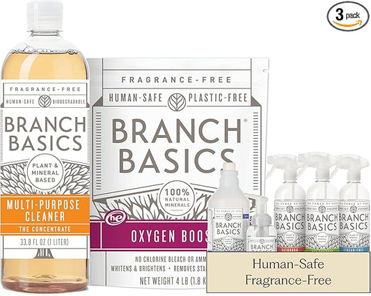Branch Basics Premium Starter Kit: All Purpose Cleaner, Glass, and Bathroom Cleaner plus our Foaming Wash, and Laundry Bottle (3 Plastic Spray Bottles + Concentrate) Fragrance-Free