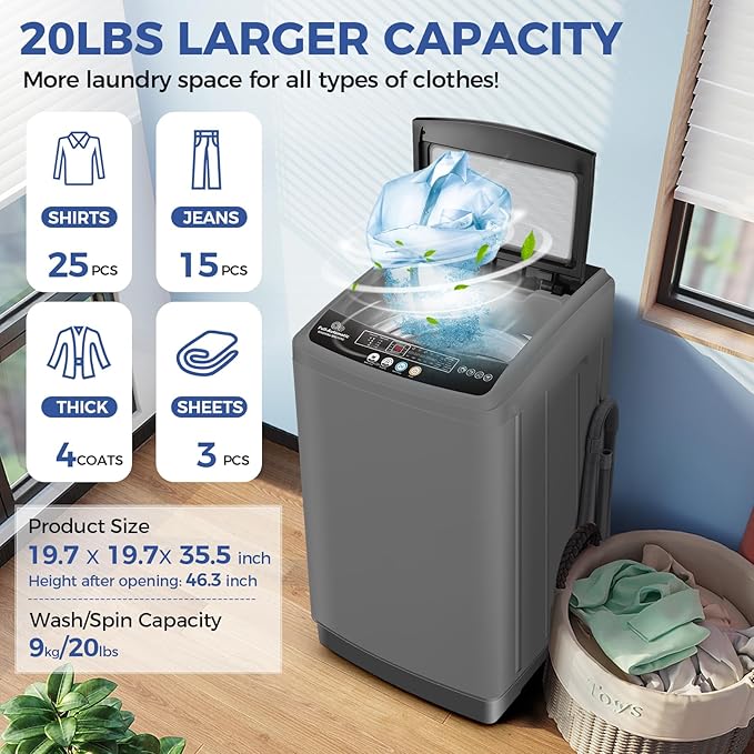 Nictemaw Portable Washing Machine, 20Lbs Capacity Full-Automatic Portable Washer, 2.8Cu.ft Washer and Dryer Combo with 10 Programs 8 Water Levels Laundry Machine for Apartments-Slow-Close Glass Cover