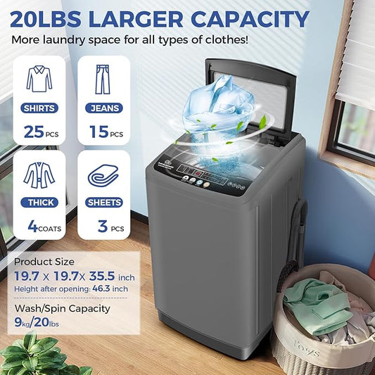 Nictemaw Portable Washing Machine, 20Lbs Capacity Full-Automatic Portable Washer, 2.8Cu.ft Washer and Dryer Combo with 10 Programs 8 Water Levels Laundry Machine for Apartments-Slow-Close Glass Cover