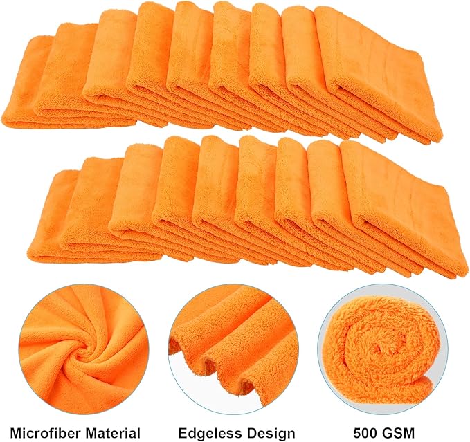 Shimeyao 30 Pcs 16 x 16 Inch Edgeless Microfiber Plush Towels for Cars Detailing Drying Wash Polishing Absorbent Cleaning Cloths, 500 GSM(Orange)