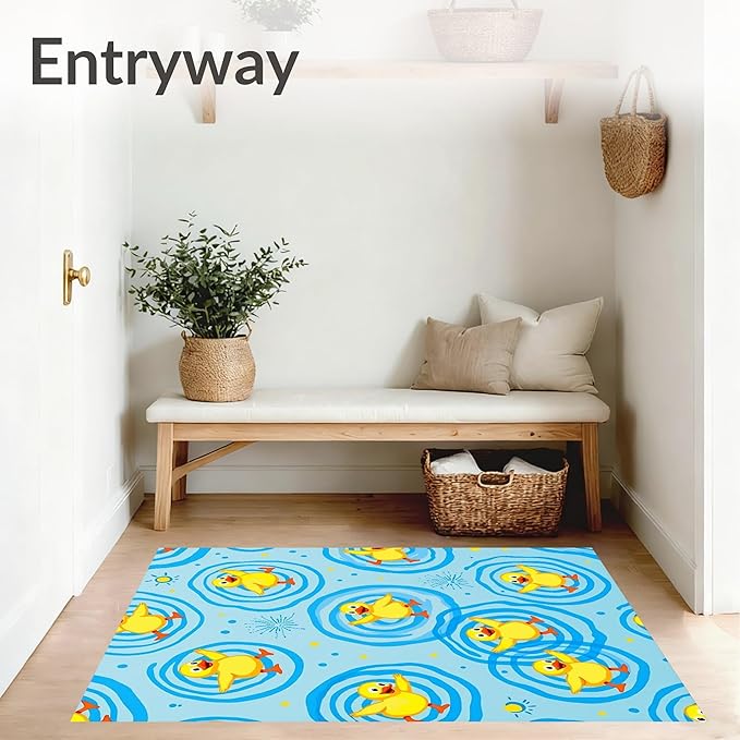 Flatwoven High Traffic Area Rug 6x9, Quirky Farmyard Dance with Splashing Pond Motif, Non Slip, Stain Resistant, Washable Area Rugs for Living Room, Bedroom (Yellow, 6x9)