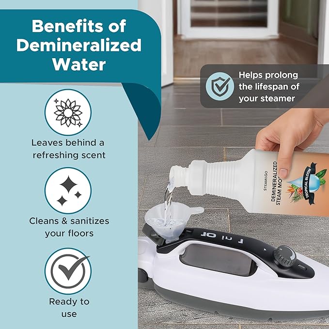 Steam & Go Demineralized Water for Steam Cleaner - PVC-Free Floor Cleaning Solution Compatible for All Steam Mops - Multi-Surface Cleaner for Home Surfaces - Tropical Bloom Scent, 32 oz (Pack of 6)
