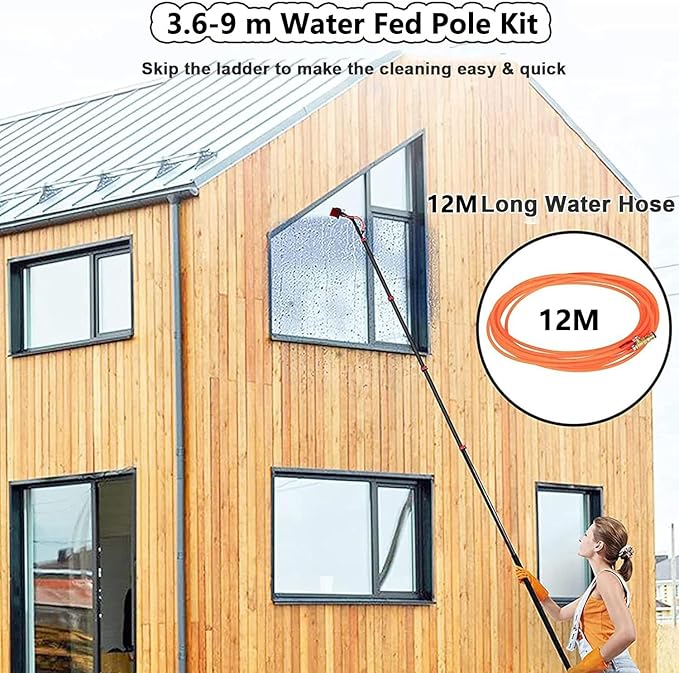 Window Cleaning Telescopic Pole, Window Cleaning Pole Water Fed Pole Kit for Cleaner Conservatory Roof Photovoltaic Panel Cleaning Extendable Solar Panel Roof Cleaning Tools,30cmBrush-9mRod