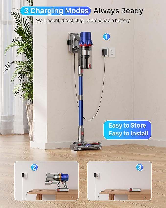Cordless Vacuum Cleaner - Powerful Stick Vacuum with HEPA Filter, 55-Min Runtime, LED Light, Anti-Tangle Brush, Detachable Battery, Lightweight for Home, Pet Hair, Carpets & Hard Floors