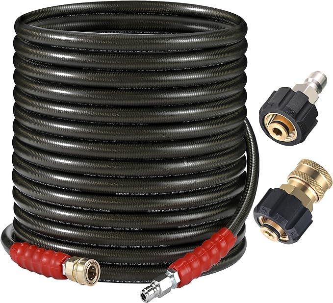 RIDGE WASHER Pressure Washer Hose 50 Feet X 3/8 Inch for Hot and Cold Water, 2-Wire Steel Braid Hose (R2), 3/8 Inch Quick Connect, 6000 PSI