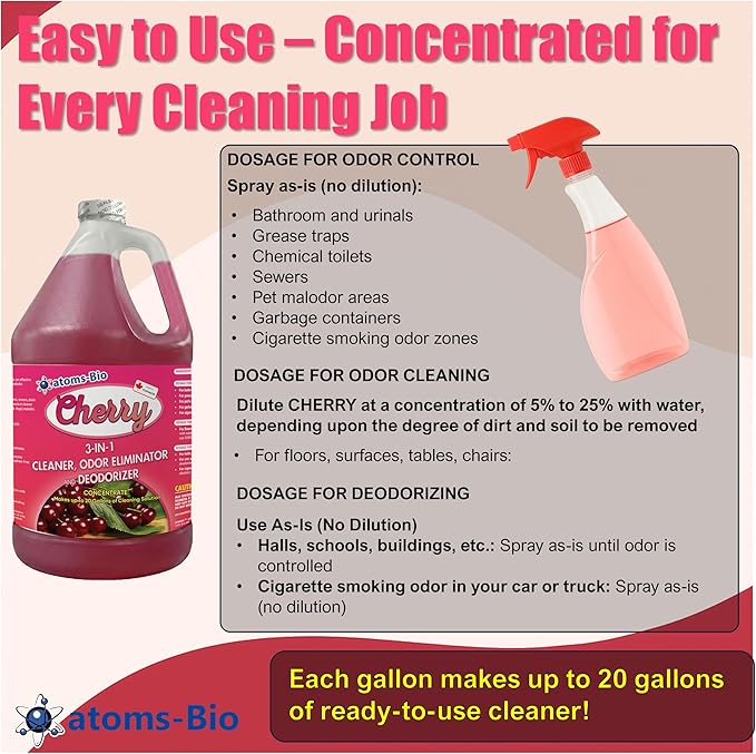 CHERRY Concentrated 3-in-1 Cleaner, Odor Eliminator & Deodorant | Cherry Scent | pH Neutral | Industrial Strength | For Bathrooms, Grease Traps, Surfaces & Pet Odors | 3.87L